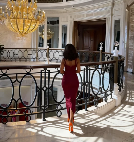 Elegant Burgundy Spaghetti Strap Mermaid Satin Long Prom Dress Evening Dress