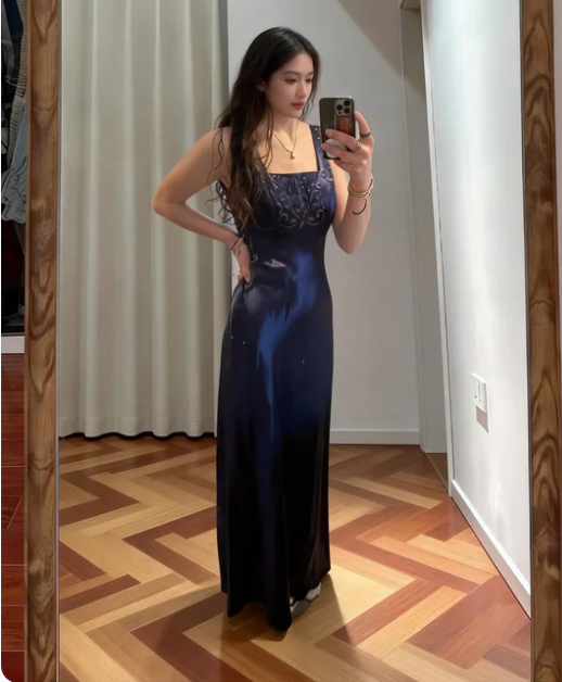 Vintage Navy Blue Square Neck Embroidered Satin Long Prom & Evening Dress - FashionDia