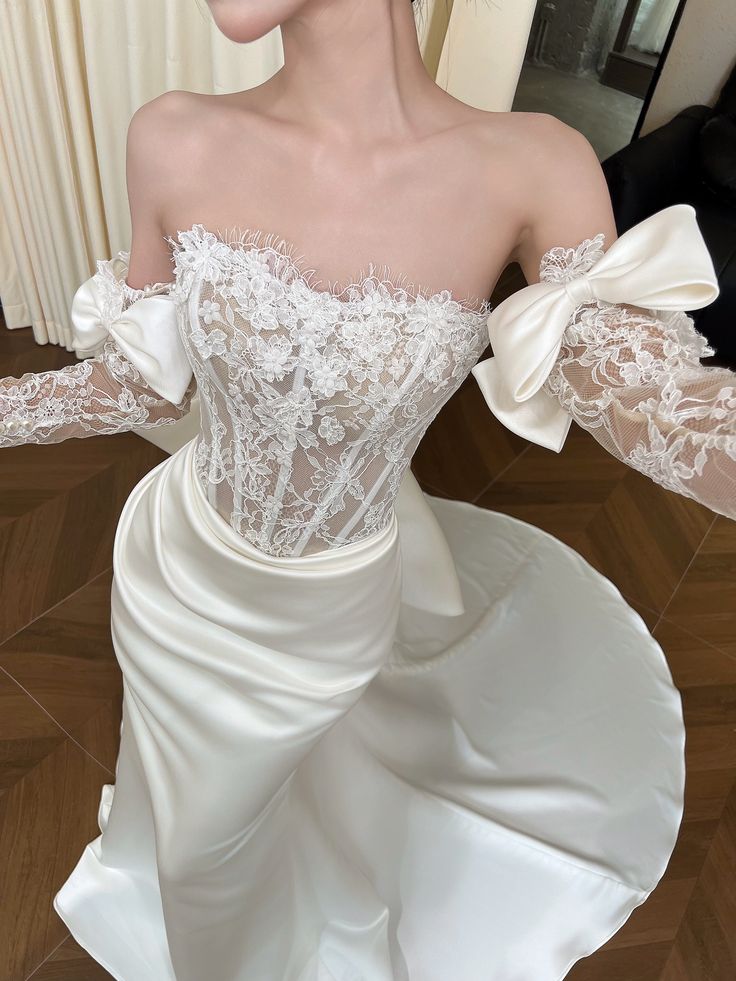 Sweet White Mermaid Strapless Lace And Satin Long Wedding Dress