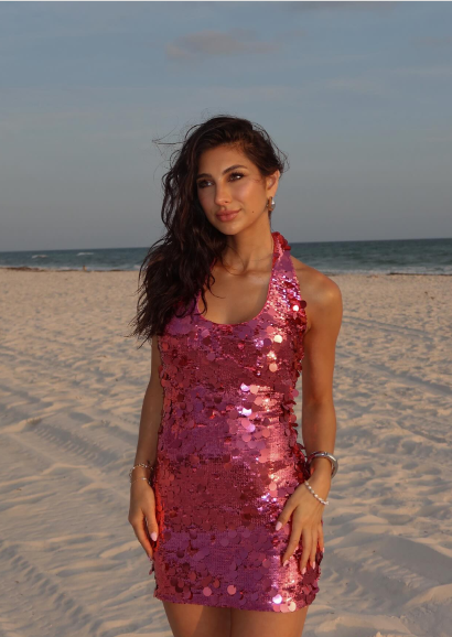 Shining Fashion Rose Pink Halter Neck Sequin Slim Birthday Dress Homecoming Dress - View 3 | FashionDia