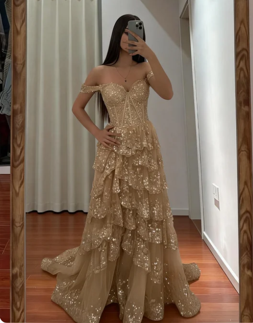 Gorgeous Champagne Gold Off-the-Shoulder A-Line Sequin Layered Tulle Train Prom Dress Evening Dress - VelvetHem