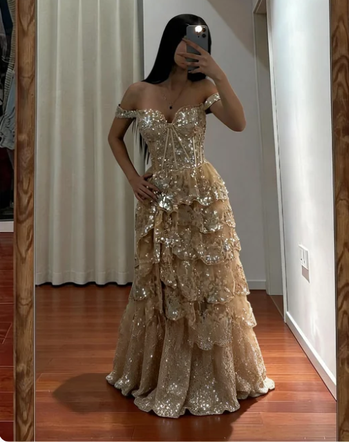 Gorgeous Champagne Gold Off-the-Shoulder A-Line Sequin Layered Tulle Train Prom Dress Evening Dress
