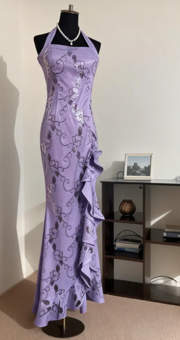 Vintage Elegant Lavender Halter Neck Mermaid Beaded Ruffle Satin Long Prom Dress Evening Dress