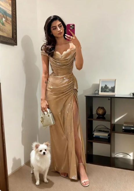 Elegant Champagne Gold Off-the-Shoulder Satin High Slit Long Prom Dress Evening Dress - VelvetHem