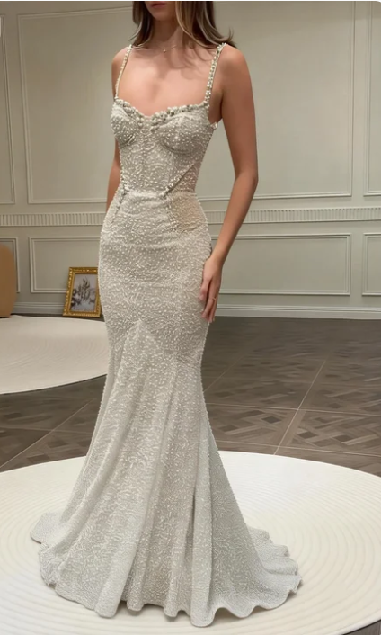 Gorgeous Ivory Spaghetti Strap Mermaid Pearl Tulle Long Prom Dress Evening Dress - VelvetHem