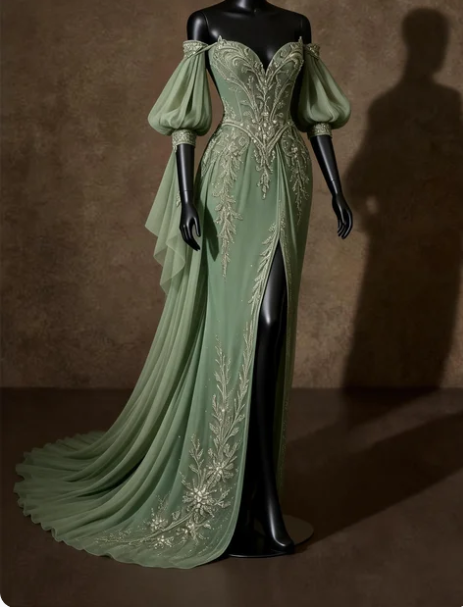 Vintage Green Off-the-Shoulder Beaded Embroidered High Slit Chiffon Train Prom Dress Evening Dress