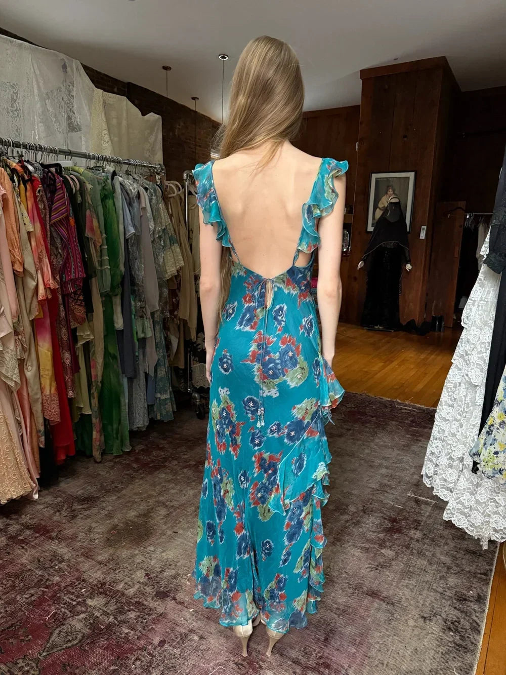 Vintage Lake Blue Floral Spaghetti Strap Mermaid Ruffle Chiffon Long Prom Dress Evening Dress