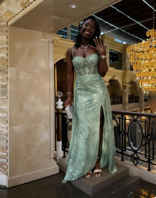 Classic Mint Green Spaghetti Strap Lace Embroidered High Slit Long Prom & Evening Dress - FashionDia