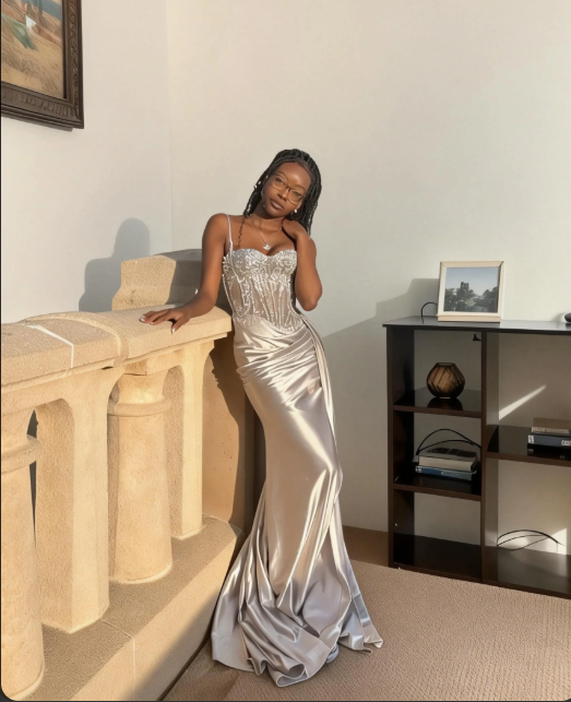 Sexy Silver Spaghetti Strap Mermaid Satin Long Prom Dress Evening Dress - VelvetHem