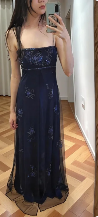 Vintage Navy Blue A-Line Spaghetti Strap Beaded Tulle Long Prom Dress Birthday Dress