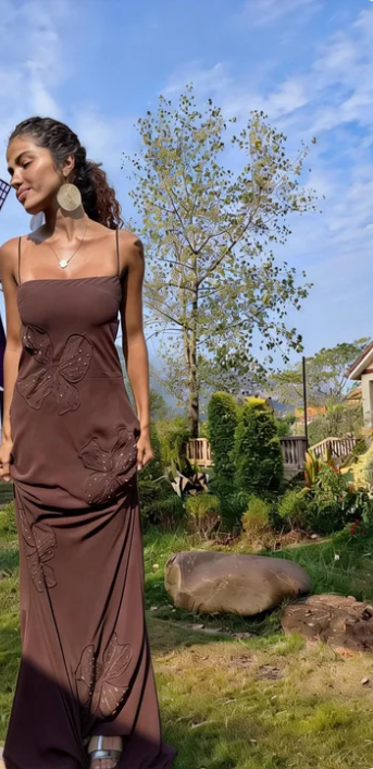 Vintage Dark Brown Spaghetti Strap Slim-Fit Open Back Satin Long Prom Dress Birthday Dress - FashionDia