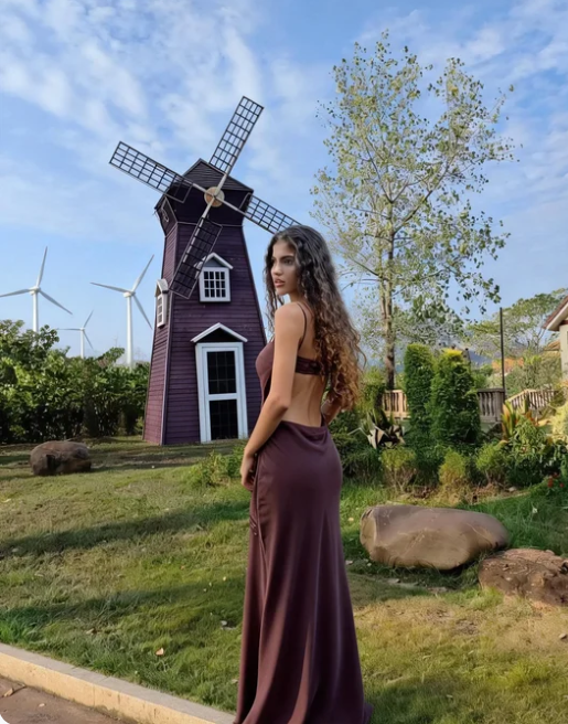 Vintage Dark Brown Spaghetti Strap Slim-Fit Open Back Satin Long Prom Dress Birthday Dress - View 2 | FashionDia
