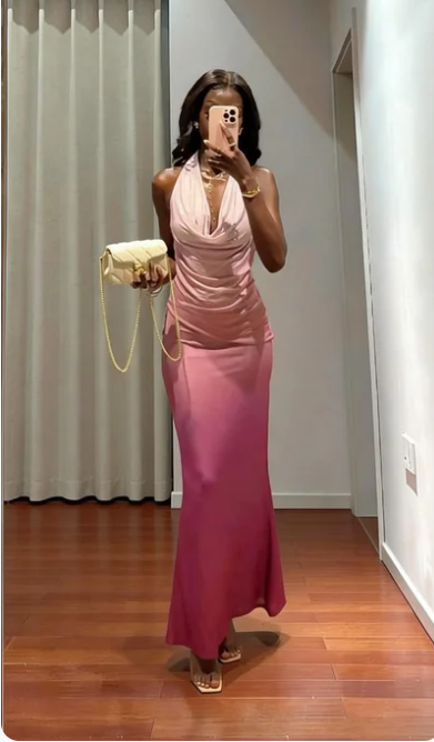Elegant Pink Gradient Mermaid Halter Neck Satin Long Prom Dress Evening Dress