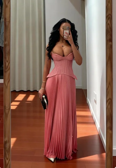 Sexy Pink Strapless A-Line Boned Waist Pleated Satin Long Prom & Evening Dress - FashionDia