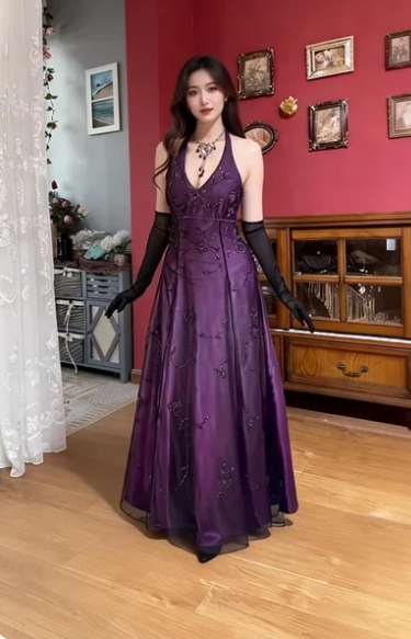 Vintage Dark Purple Halter Neck A-Line Beaded Satin Long Prom & Evening Dress - FashionDia