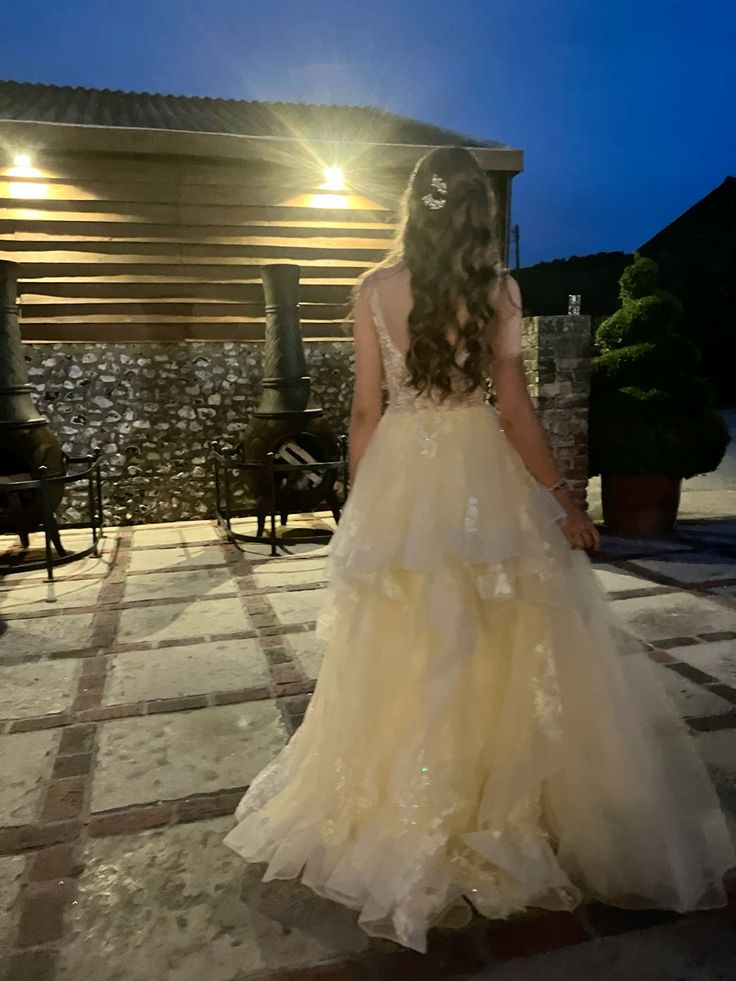 Sweet Pale Yellow A-Line Multi-layer Cake Lace Tulle Long Prom & Evening Dress Bridesmaids Dress - View 5 | FashionDia