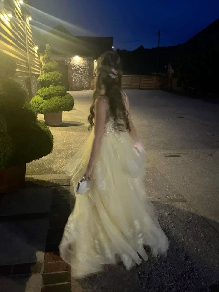 Sweet Pale Yellow A-Line Multi-layer Cake Lace Tulle Long Prom & Evening Dress Bridesmaids Dress - View 6 | FashionDia