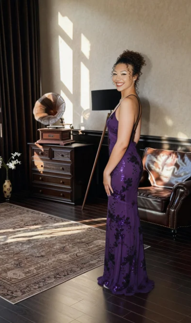 Vintage Dark Purple Deep V Spaghetti Strap Mermaid Sequin Tulle Long Prom & Evening Dress - View 2 | FashionDia
