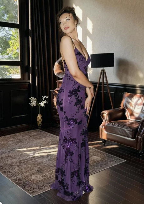 Vintage Dark Purple Deep V Spaghetti Strap Mermaid Sequin Tulle Long Prom & Evening Dress - FashionDia
