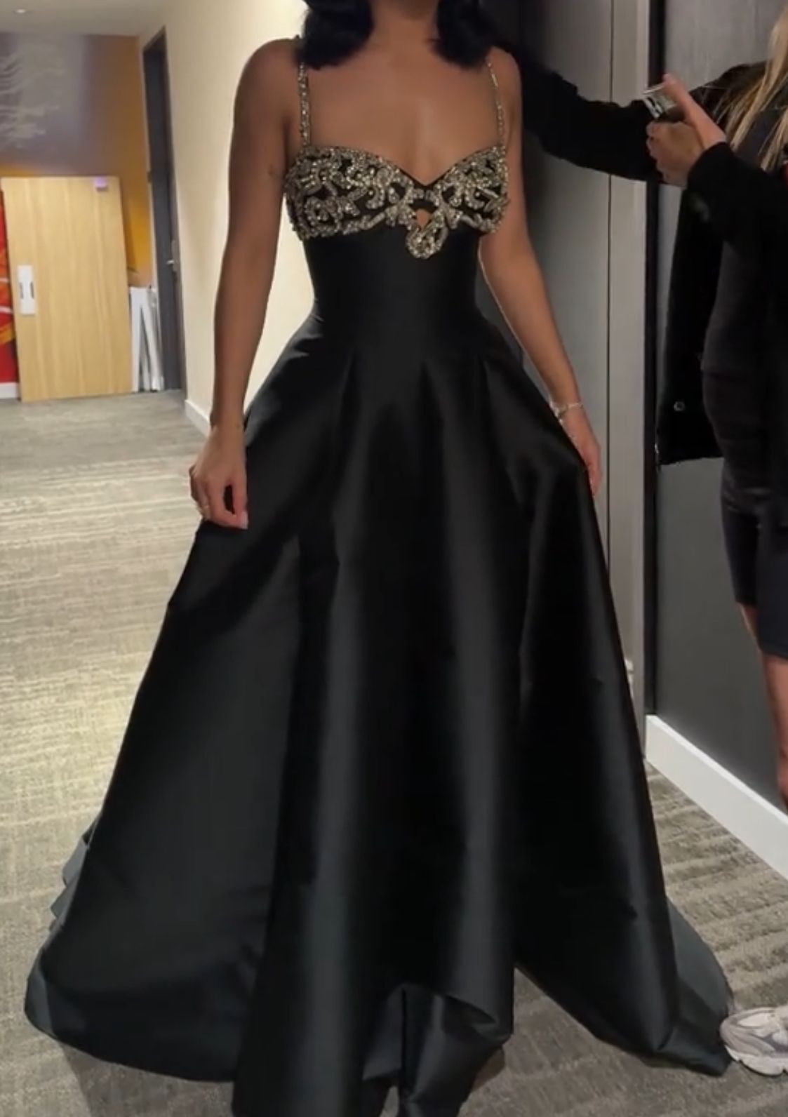 Elegant Black Spaghetti Strap A-Line Rhinestone Satin Train Prom & Evening Dress - FashionDia