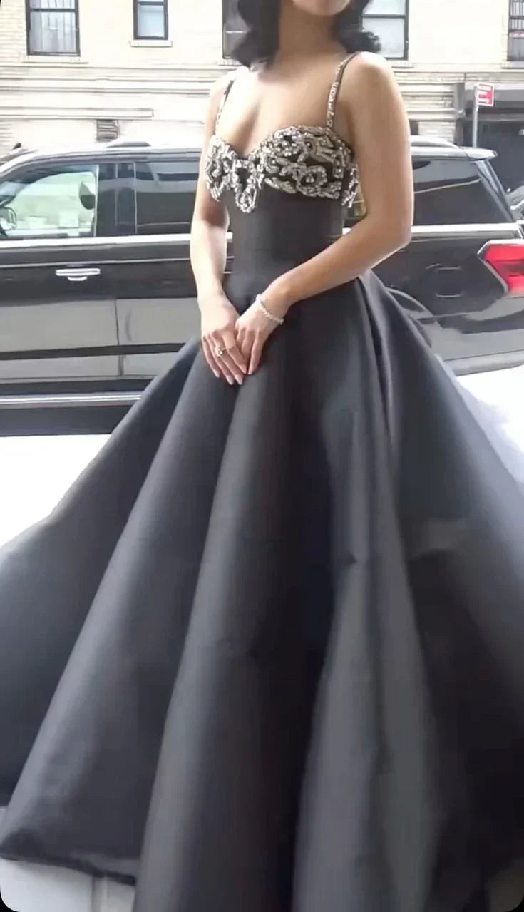 Elegant Black Spaghetti Strap A-Line Rhinestone Satin Train Prom Dress Evening Dress
