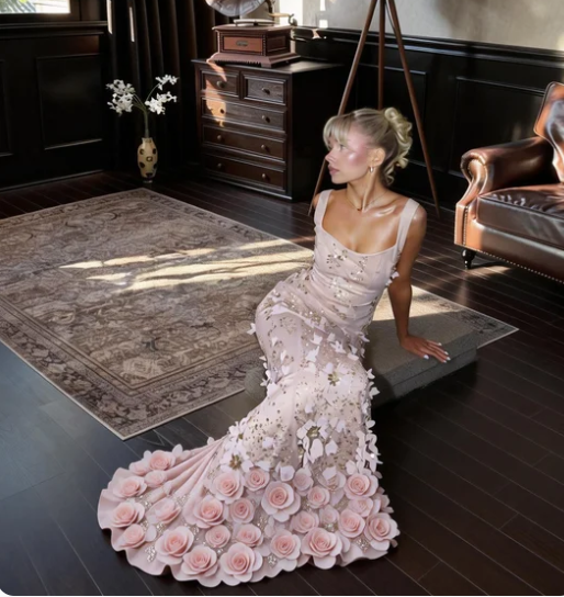Dreamy Pink Square Neck Mermaid 3D Floral Beaded Sequin Tulle Long Prom & Evening Dress - View 3 | FashionDia