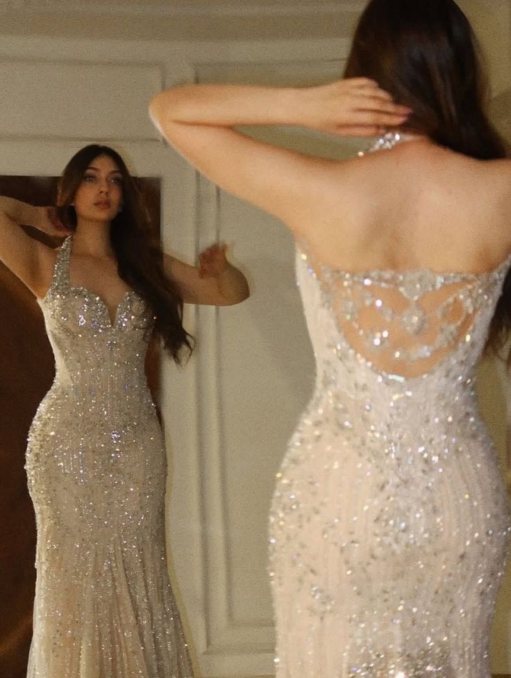 Gorgeous Beige Halter Neck Mermaid Beaded Sequin Tulle Long Prom & Evening Dress - FashionDia