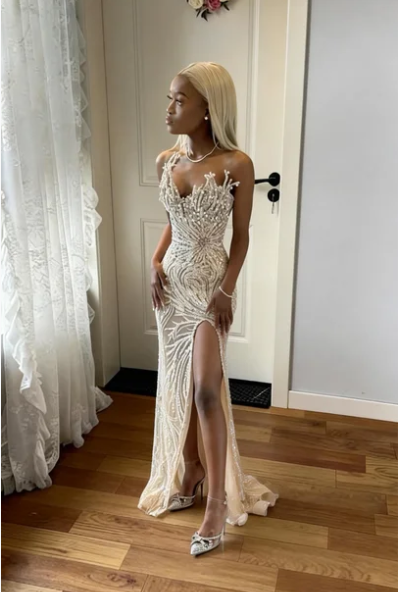 Luxurious Champagne Gold Beaded Sequin Mermaid Slit Tulle Long Prom Dress Evening Dress