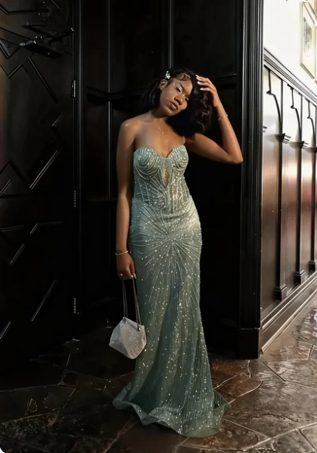 Sexy Mint Green Strapless Mermaid Sequin Long Prom Dress Evening Dress - VelvetHem