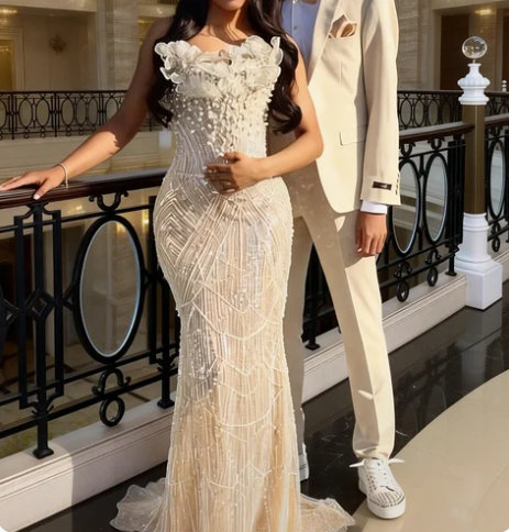 Luxurious Champagne Gold Strapless 3D Floral Beaded Sequin Tulle Train Long Prom & Evening Dress - View 2 | FashionDia