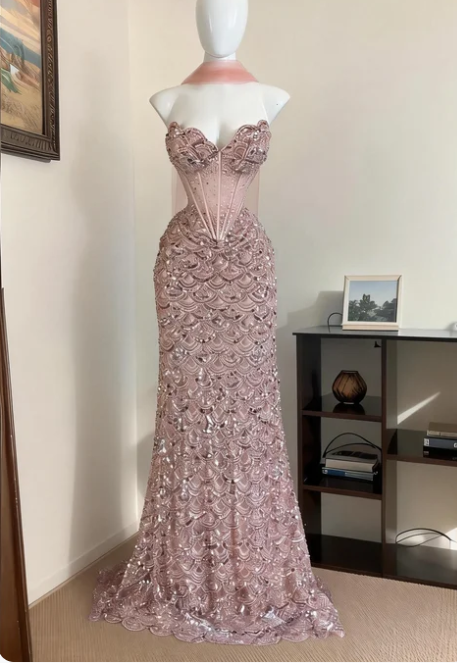 Elegant Pink Mermaid Sweetheart Boned Corset Beaded Tulle Long Prom Dress Evening Dress