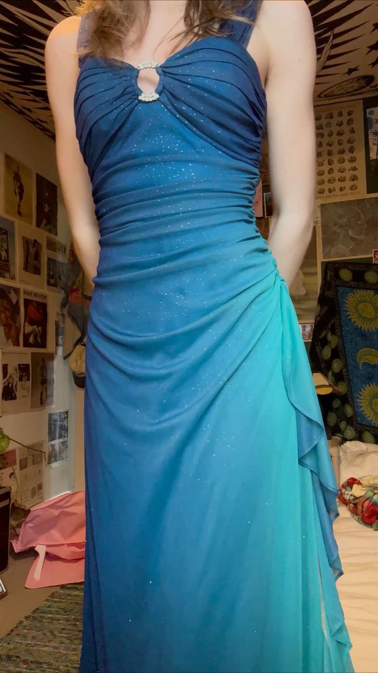Dreamy Gradient Blue-Green Halter Neck Ruched Chiffon Long Prom Dress Evening Dress