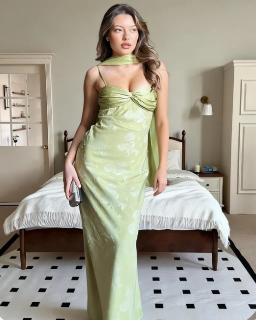 Vintage Light Green Spaghetti Strap Jacquard Satin Long Prom Dress Evening Dress