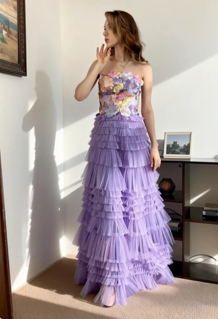 Dreamy Purple Strapless 3D Floral Multi-Layer Tulle Long Prom Dress Evening Dress