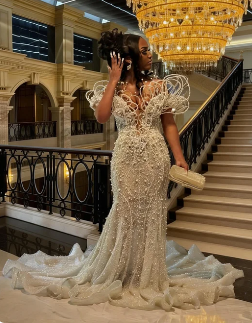 Luxurious Ivory Pearl Mermaid Tulle Train Prom Dress Evening Dress