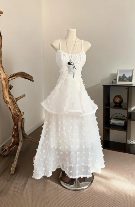 Sweet White A-Line Spaghetti Strap Tulle Long Prom Dress Birthday Dress