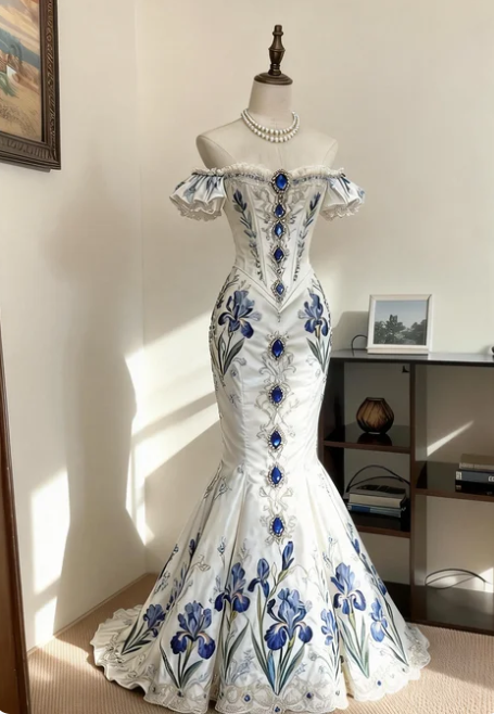 Vintage White Mermaid Print Beaded Satin Train Prom Dress Evening Dress
