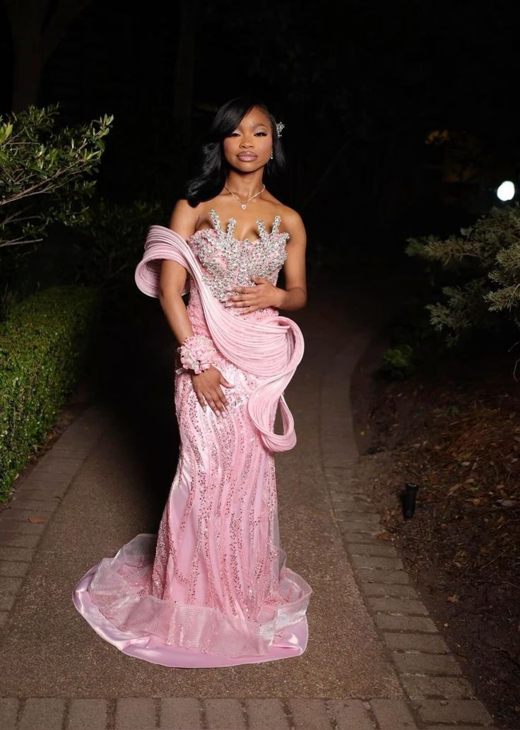 Luxurious Pink Mermaid Beaded Satin Train Prom Dress Evening Dress