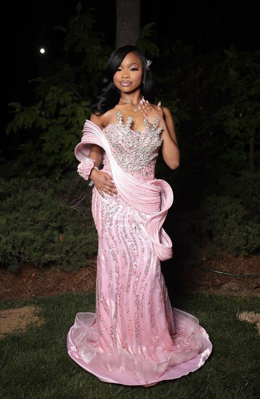 Luxurious Pink Mermaid Beaded Satin Train Prom & Evening Dress - View 2 | FashionDia