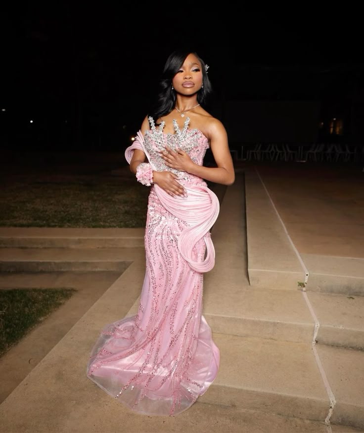 Luxurious Pink Mermaid Beaded Satin Train Prom & Evening Dress - View 3 | FashionDia