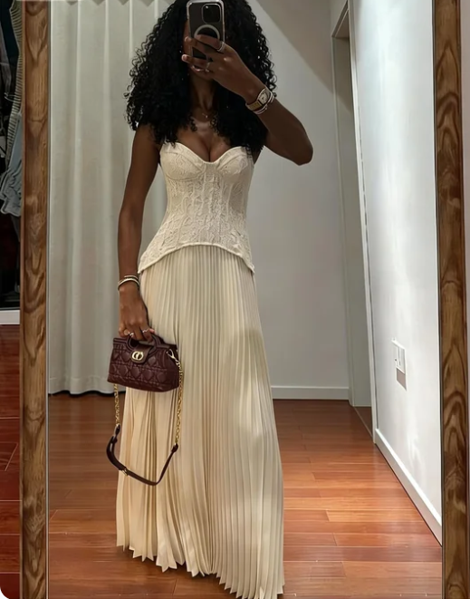 Vintage Ivory Strapless Lace Bodice Pleated Satin Long Prom Dress Evening Dress