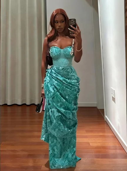 Vintage Lake Blue Strapless Beaded Jacquard Satin Long Prom Dress Evening Dress