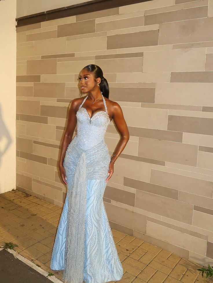 Luxurious Sparkling Light Blue Halter Mermaid Beaded Tulle Long Prom Dress Evening Dress