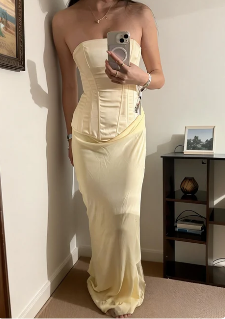 Simple Light Yellow Mermaid Boned Corset Satin Long Prom & Evening Dress - View 2 | FashionDia