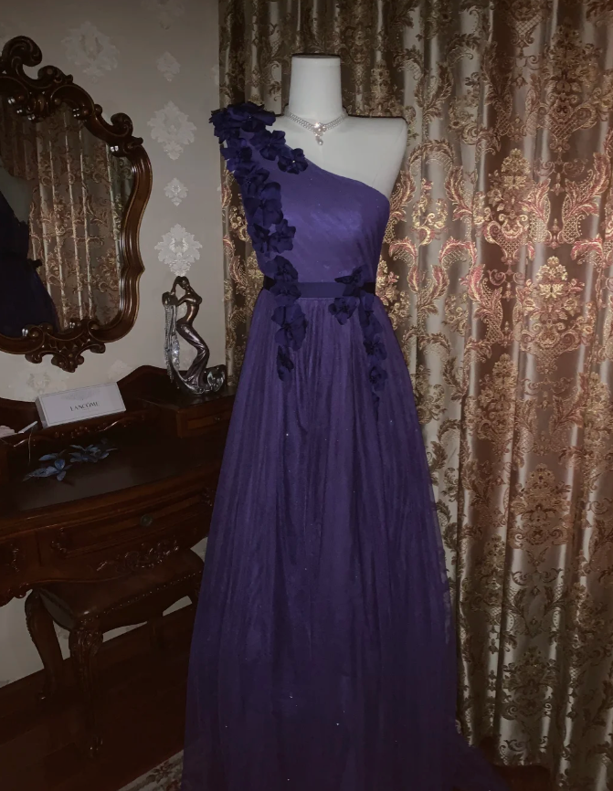 Elegant Purple One-Shoulder Tulle Appliques A-Line Wedding Guest Dress Long Party Dress - View 2 | FashionDia