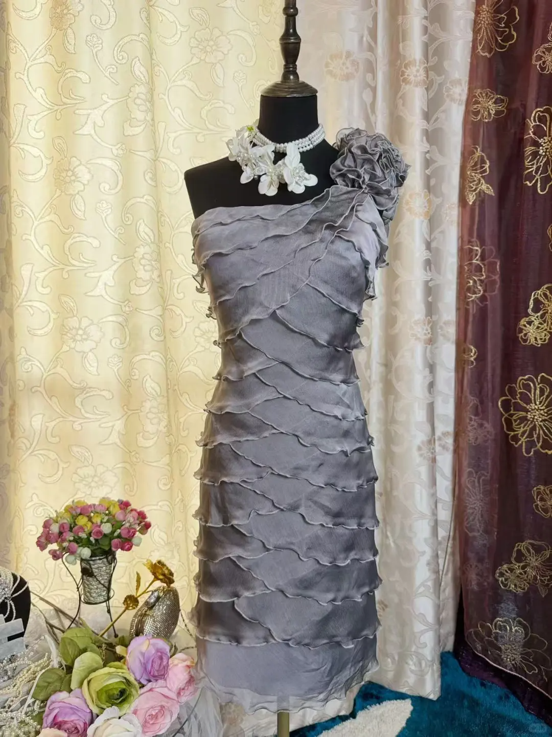 Vintage One-Shoulder Gray Chiffon Sheath Cocktail Dress Formal Graduation Homecoming Dress - FashionDia