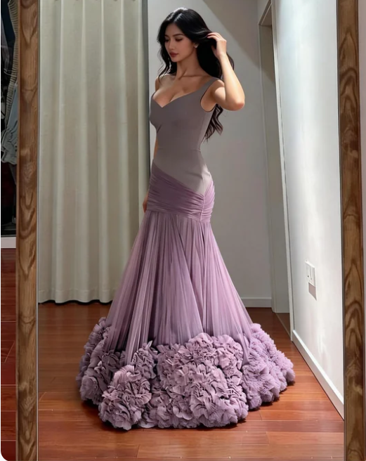 Gorgeous Grey Purple Off-Shoulder 3D Floral Tulle Long Prom Dress Evening Dress