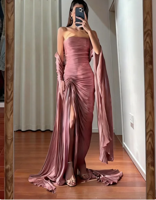 Elegant Dusty Pink Strapless Ruched High Slit Satin Train Prom Dress Evening Dress