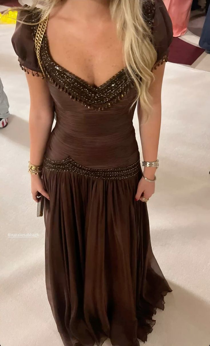 Vintage Retro Dark Coffee Short Sleeve Beaded Tassel Chiffon Long Prom Dress Evening Dress
