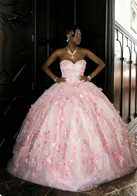 Princess Pink Heart Neck 3D Floral Tulle Prom Dress Sweet 16 Birthday Dress - FashionDia